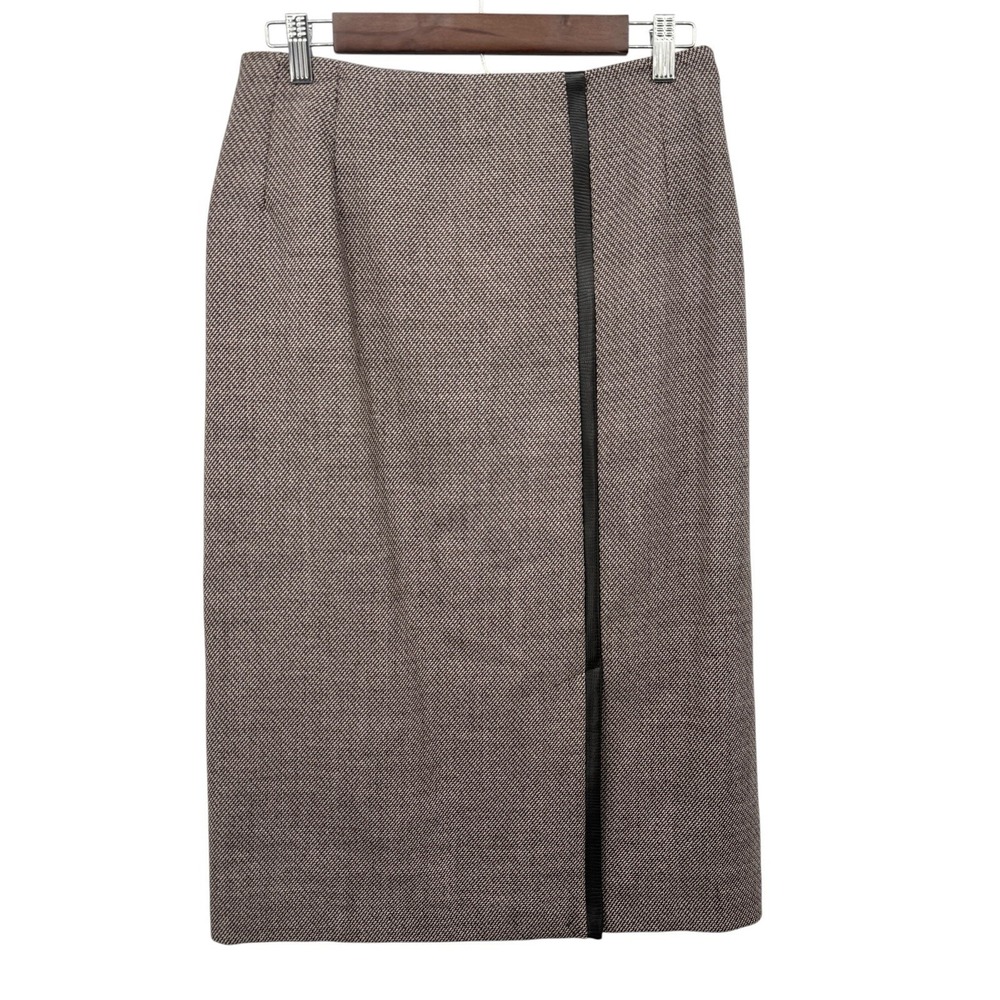 Harvé Benard Sport 100% Wool Pencil Skirt 10 NWT Brown Leather‎ Trim Front Slit